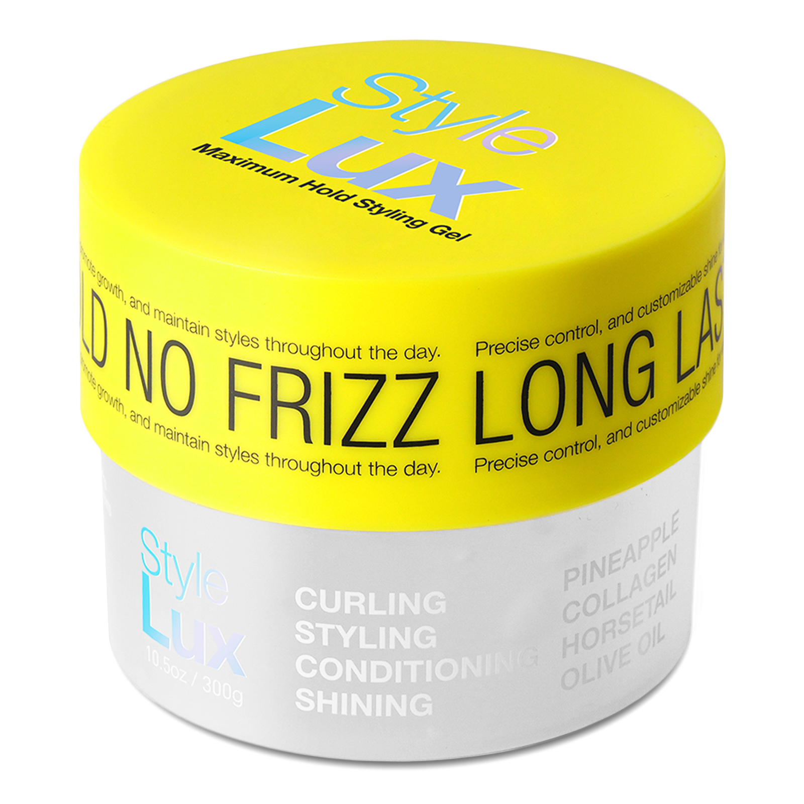 Style Lux styling gel jar with yellow lid and white body on a white background